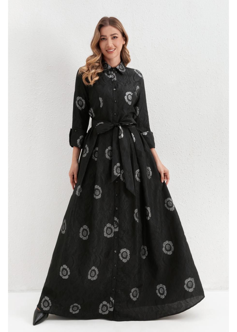 Onyx Silver Blossom Maxi Dress - MissFinchNYC