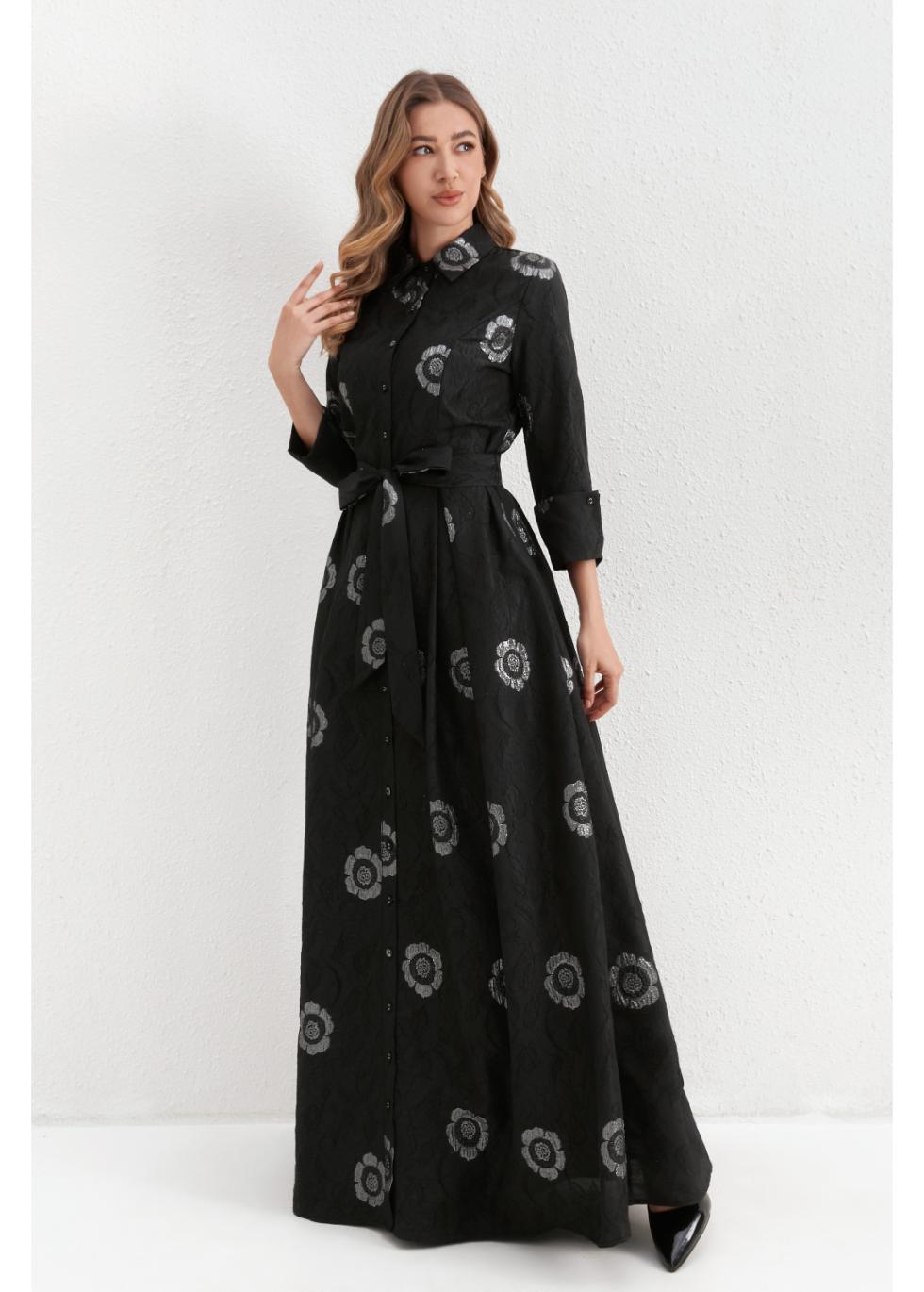 Onyx Silver Blossom Maxi Dress - MissFinchNYC