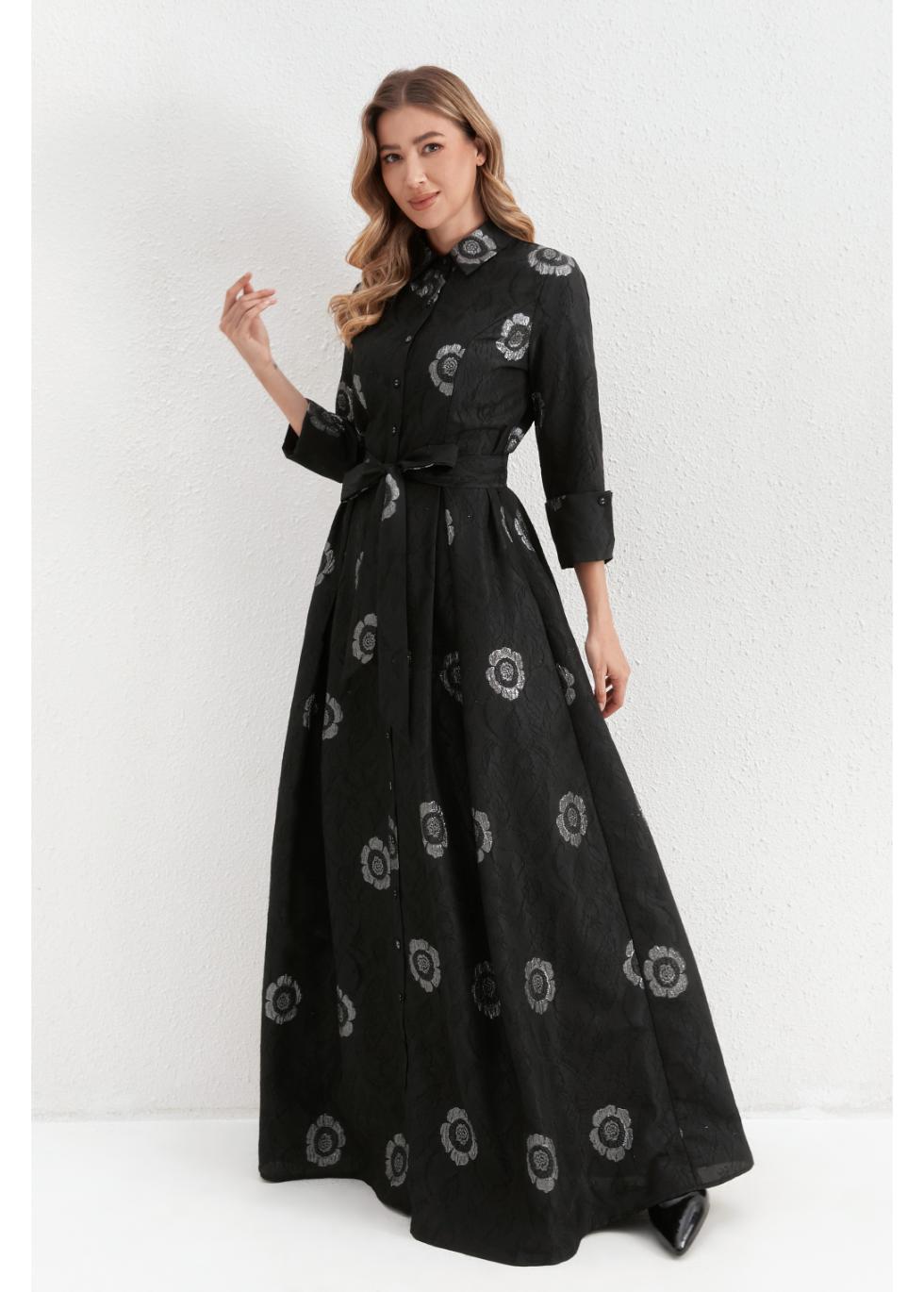 Onyx Silver Blossom Maxi Dress - MissFinchNYC