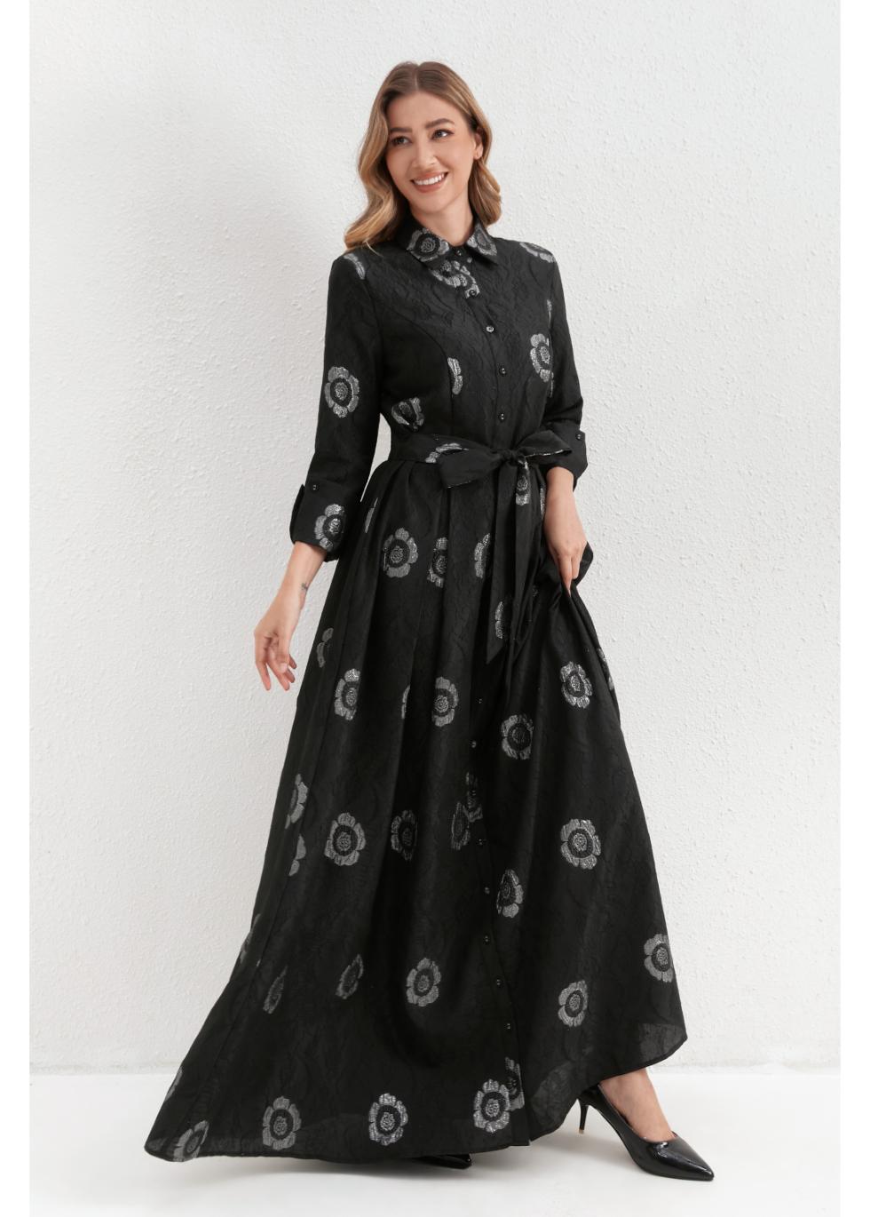 Onyx Silver Blossom Maxi Dress - MissFinchNYC
