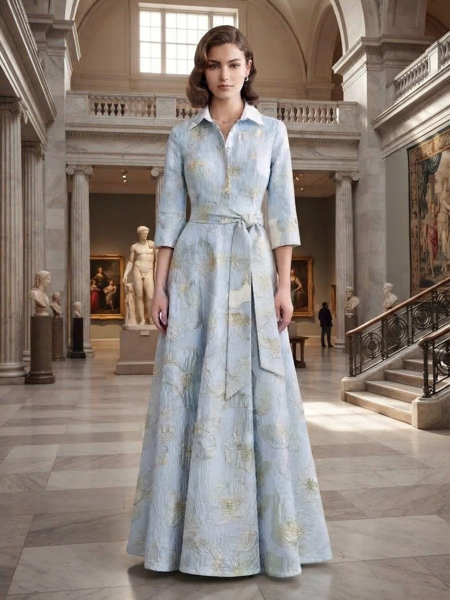 Sky Blue Botanical Jacquard Maxi Shirt Dress
