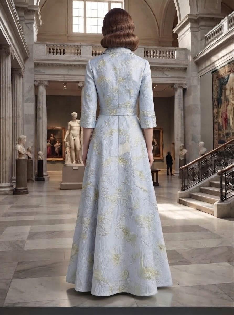 Sky Blue Botanical Jacquard Maxi Shirt Dress