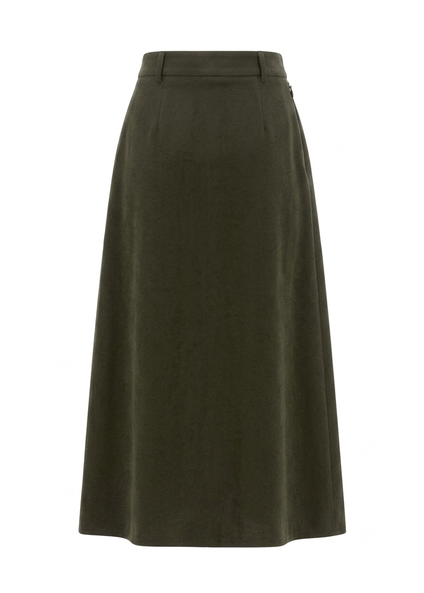 Women's Olive Green Poly Corduroy A-Line Maxi Skirt with Side Pockets