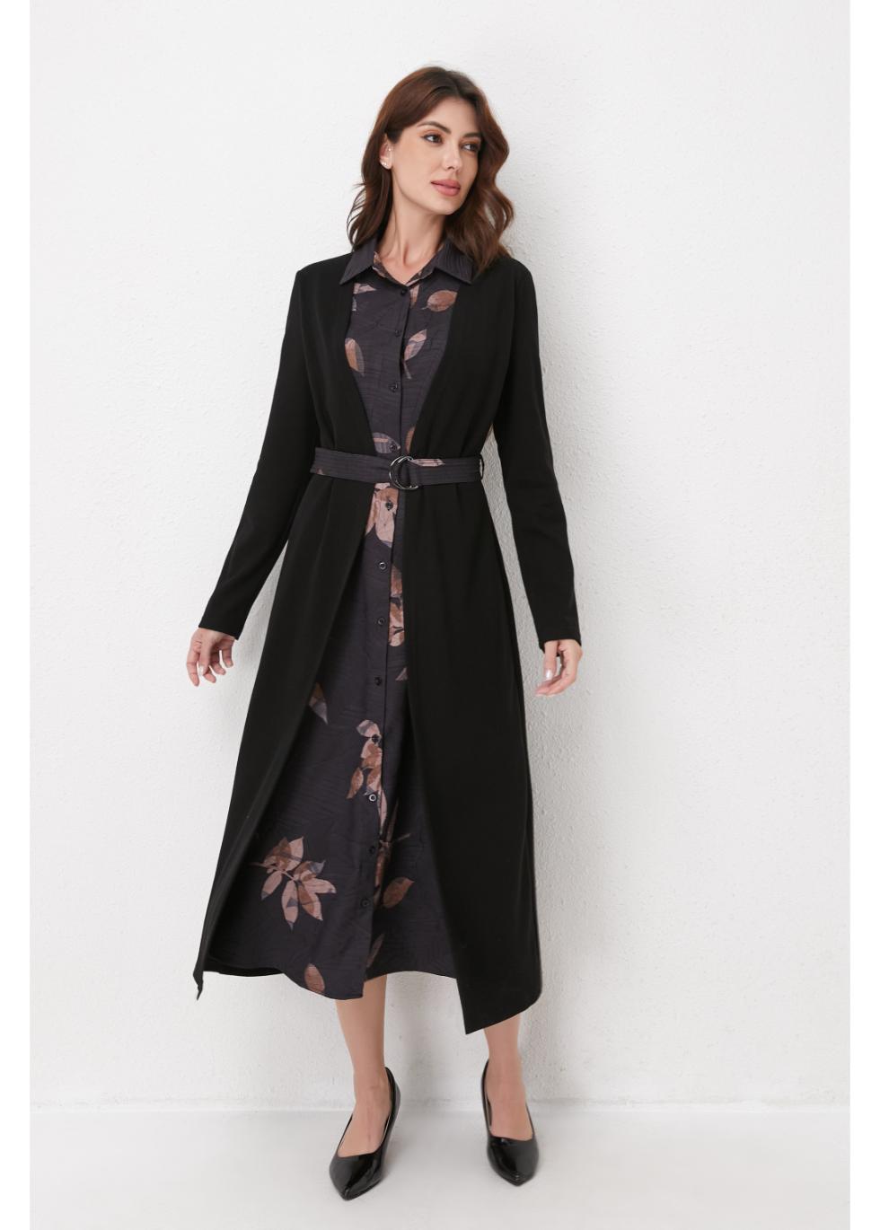 Black Layered Midi Belted Dress