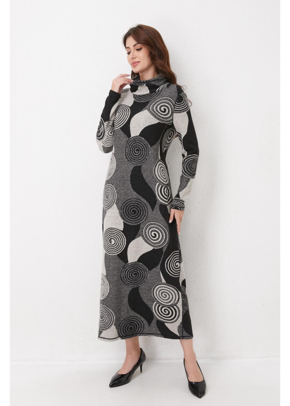 Miss Finch NYC Abstract Swirl Print Cowl Neck Long Sleeve Maxi Dress in Black & Grey