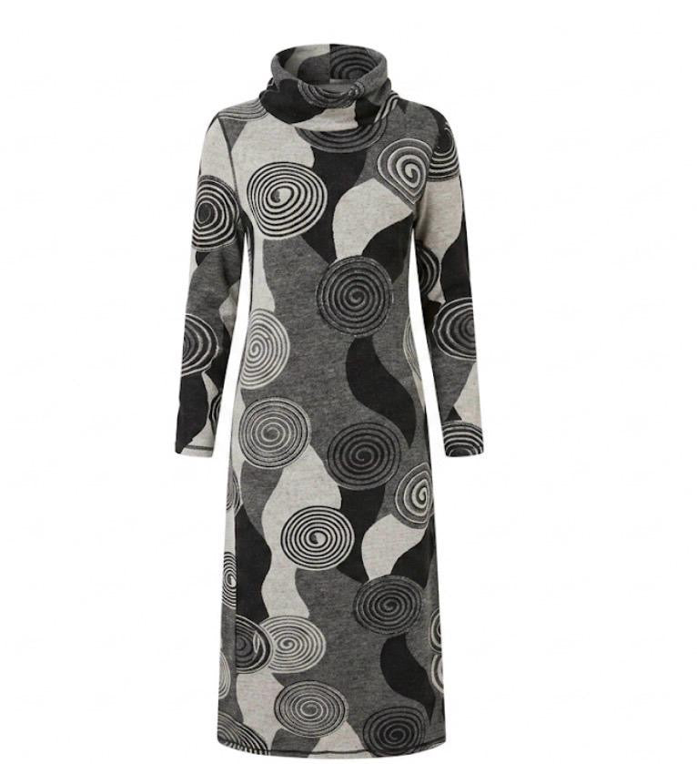 Modest Abstract Spiral Cowl Neck Maxi Dress – Black & Grey Knit