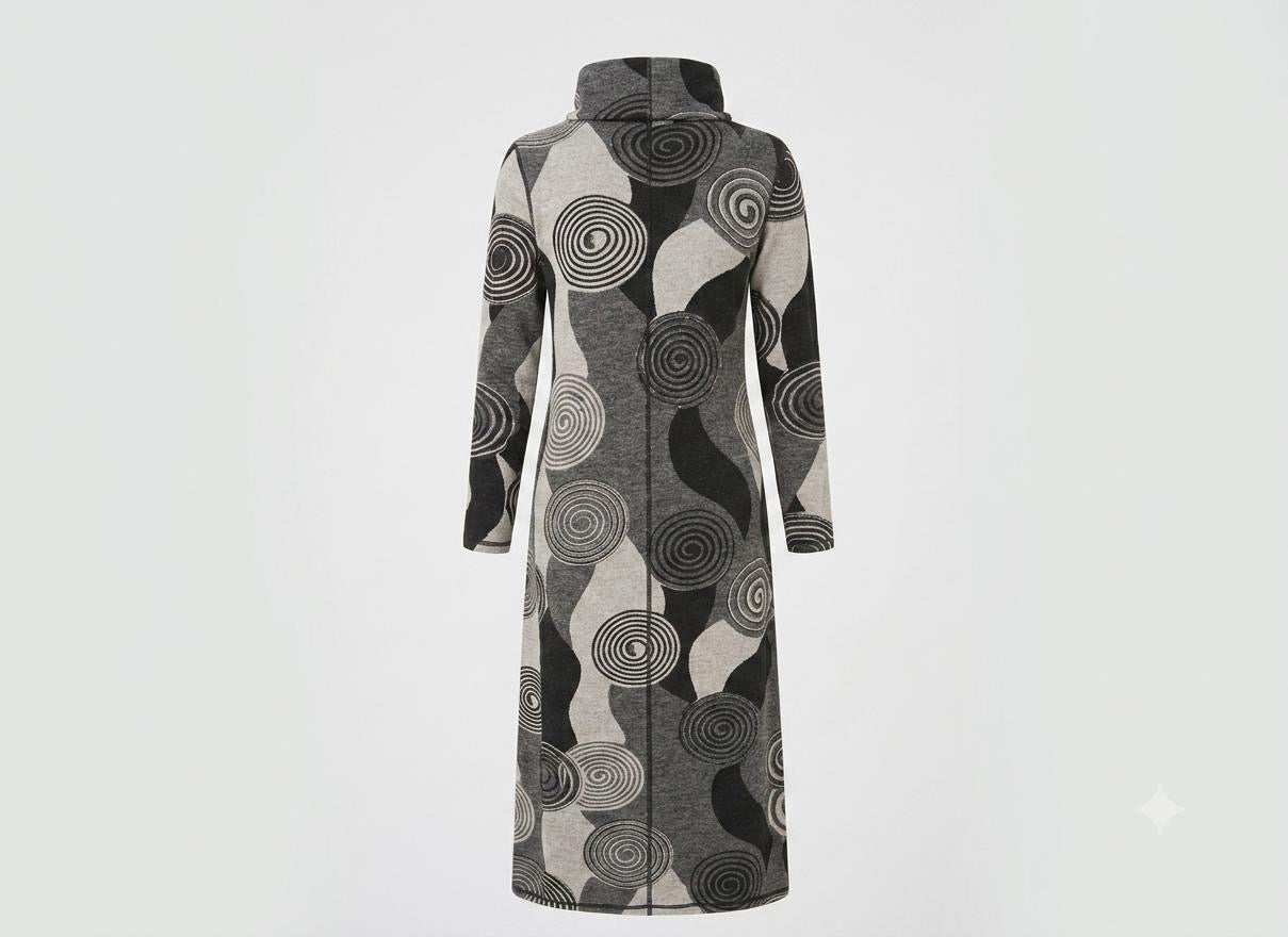 Modest Abstract Spiral Cowl Neck Maxi Dress – Black & Grey Knit