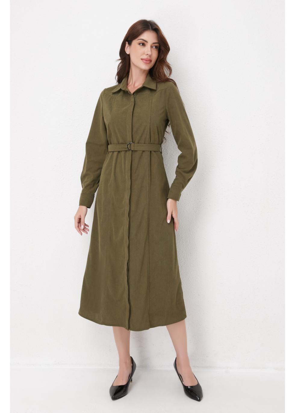 Olive Corduroy Belted Shirt Dress