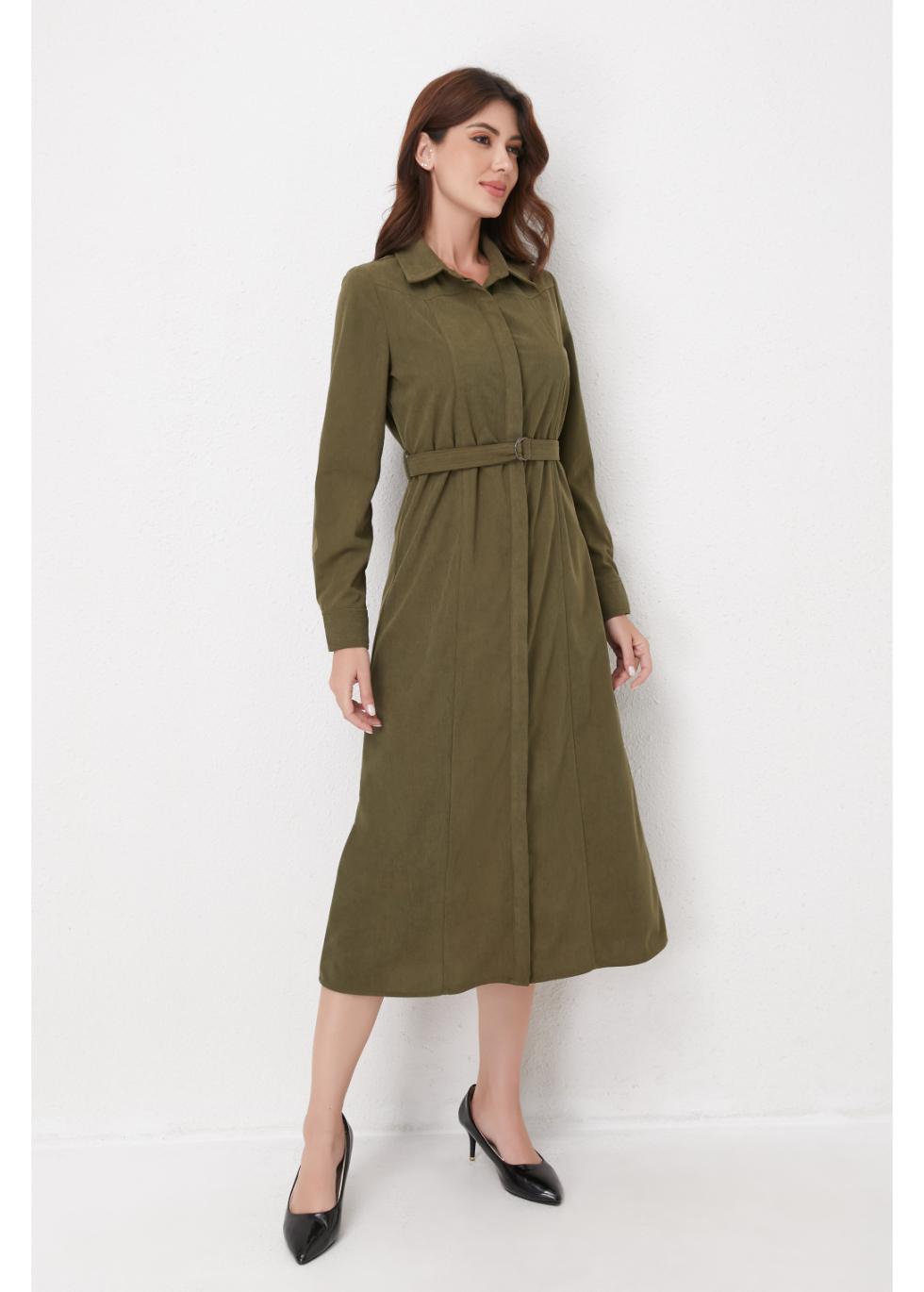 Olive Corduroy Belted Shirt Dress