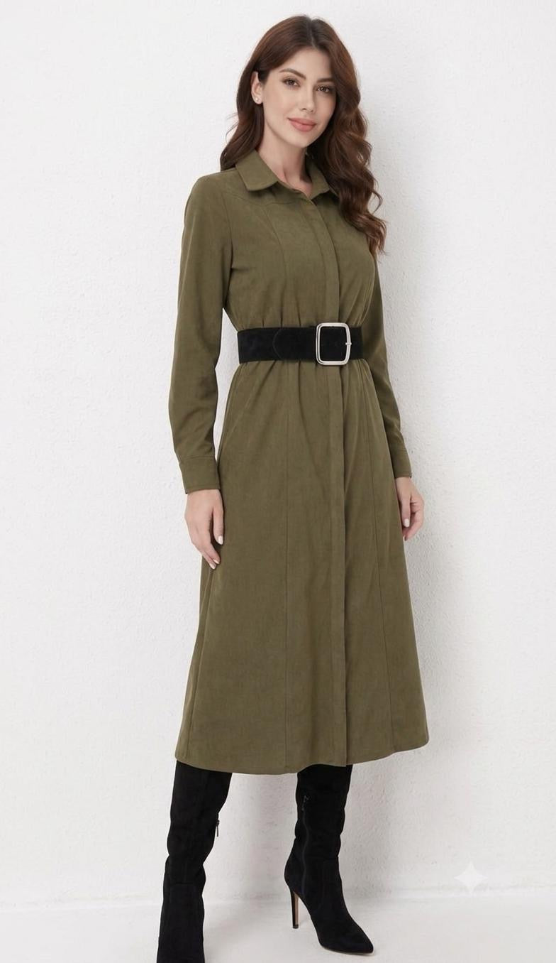 Olive Green Poly Corduroy Belted Shirt Dress – Miss Finch NYC