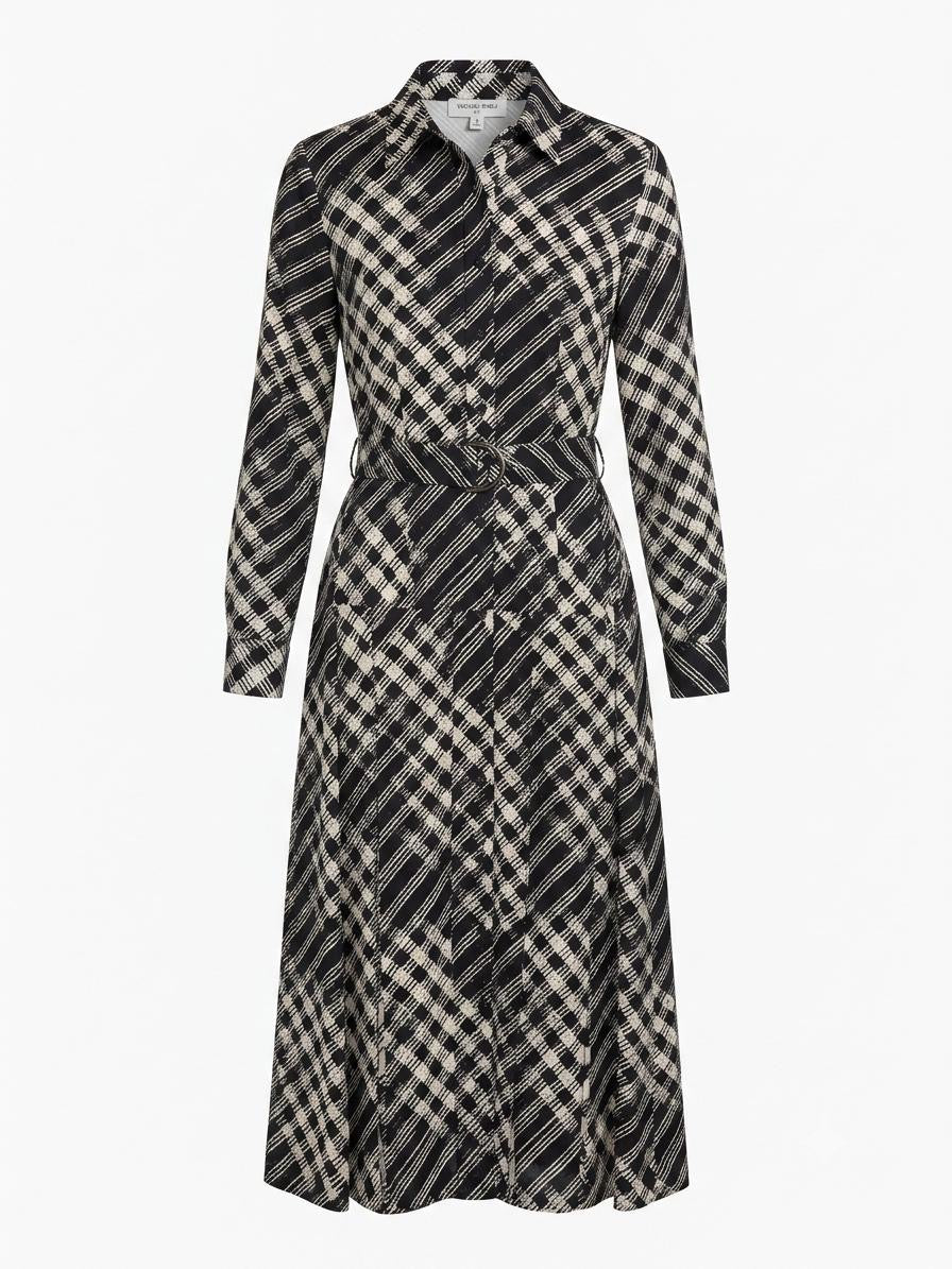 Modest Black & White Geometric Long Sleeve Midi Dress