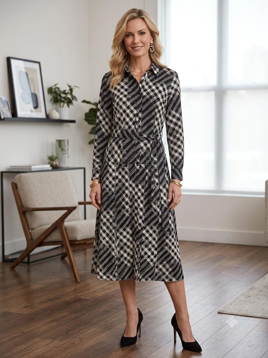 Modest Black & White Geometric Long Sleeve Midi Dress
