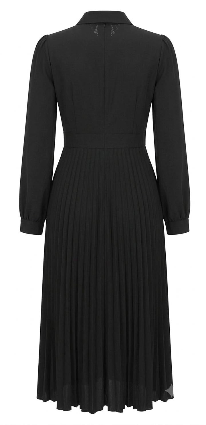 Noir Embroidered Lace Pleated Midi Dress | Miss Finch NYC