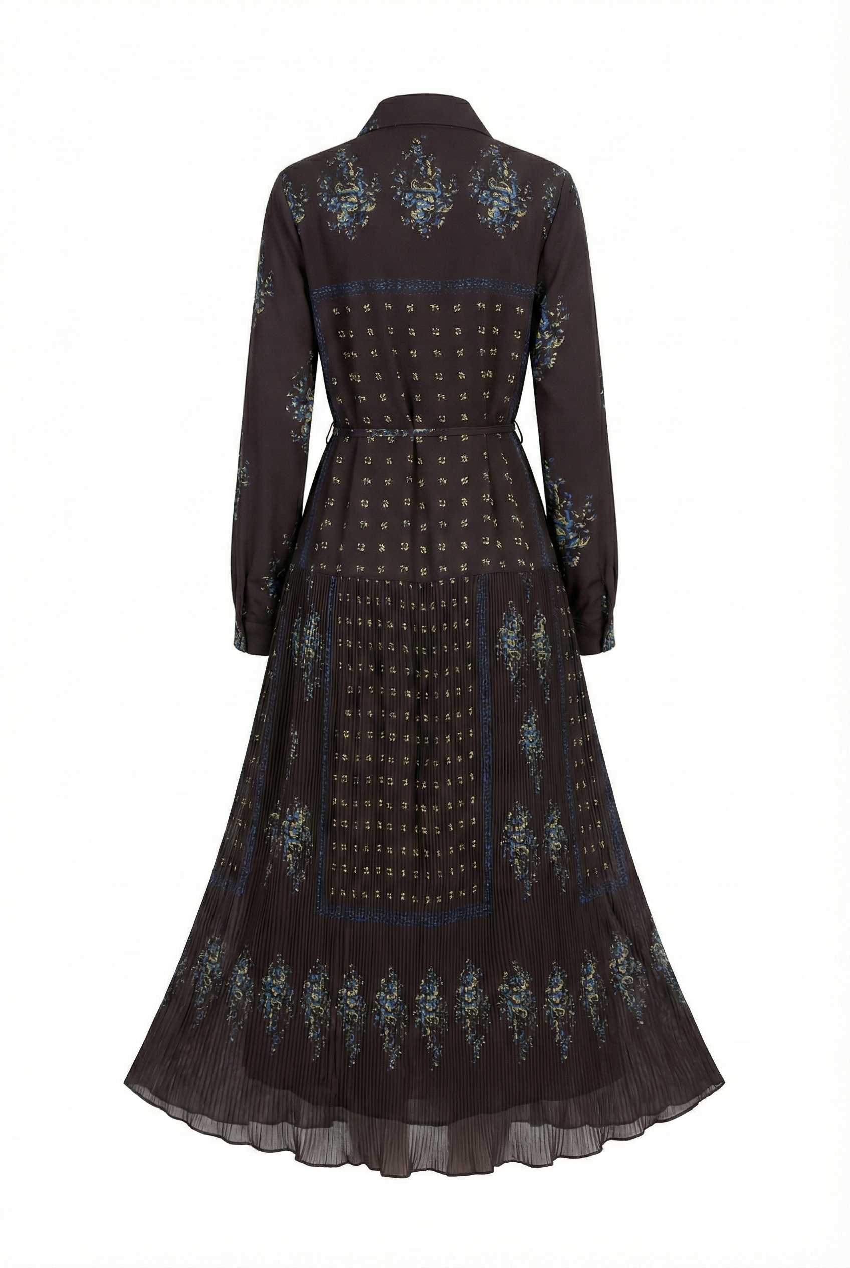 Back view of MissFinchNYC Noir Mosaic Button-Front Midi Dress with a fitted silhouette and mosaic pattern design.