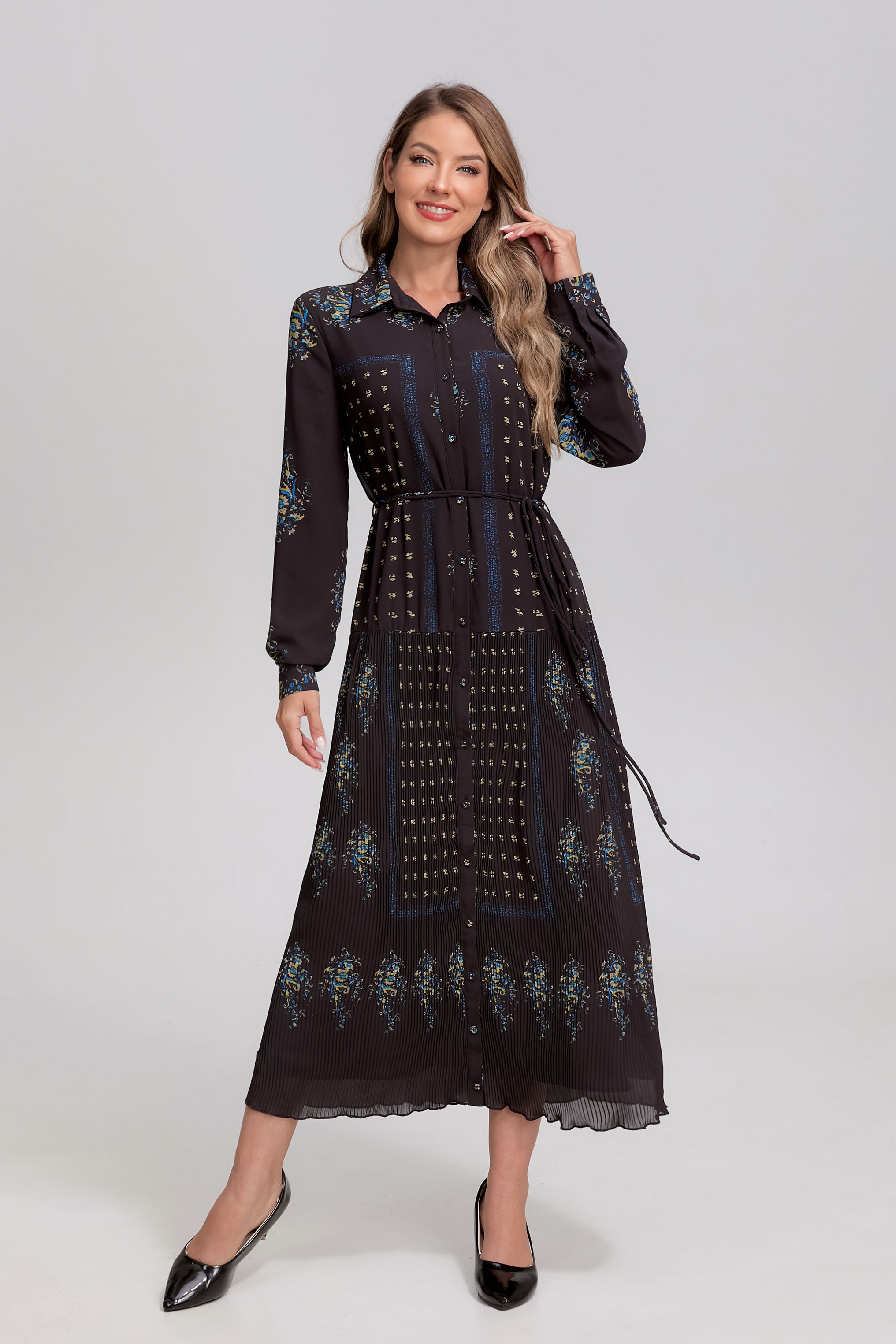 MissFinchNYC Noir Mosaic Button-Front Midi Dress in black and blue, featuring a stylish button-down design and elegant midi length.