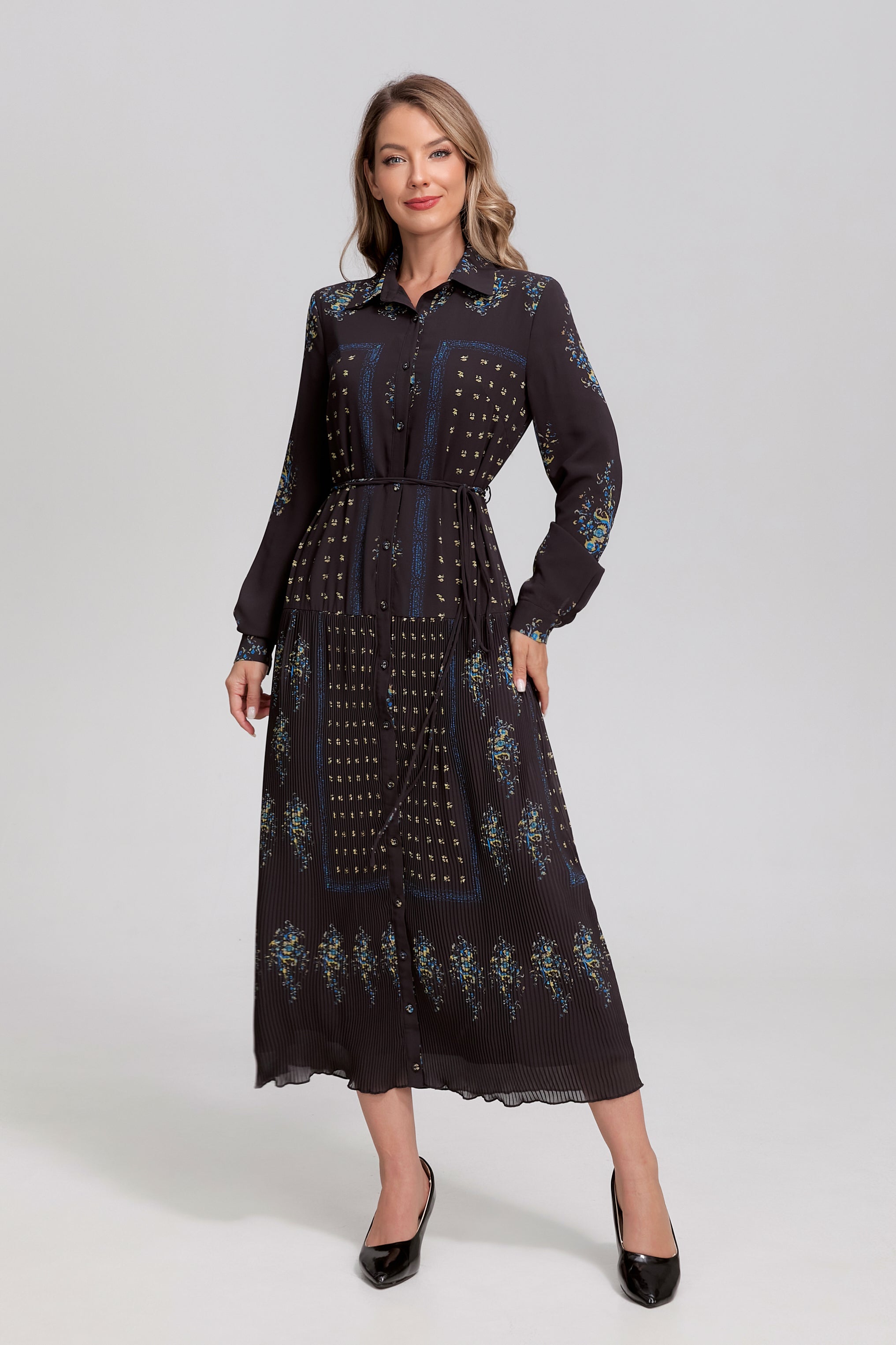 Noir Mosaic Button-Front Midi Dress - MissFinchNYC