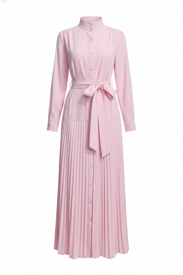 MissFinchNYC blush pleated midi dress with a fitted bodice and flowing skirt, perfect for elegant occasions.