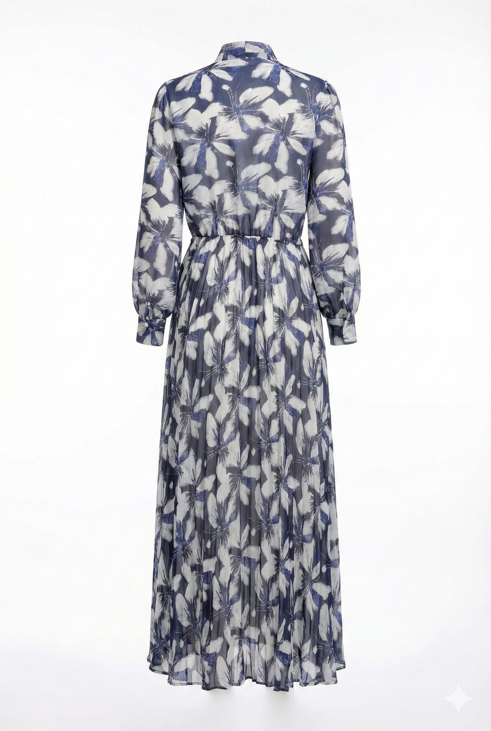 MissFinchNYC midnight feather tie-neck midi dress shown from the back, elegant dress with feather details and tie neckline.