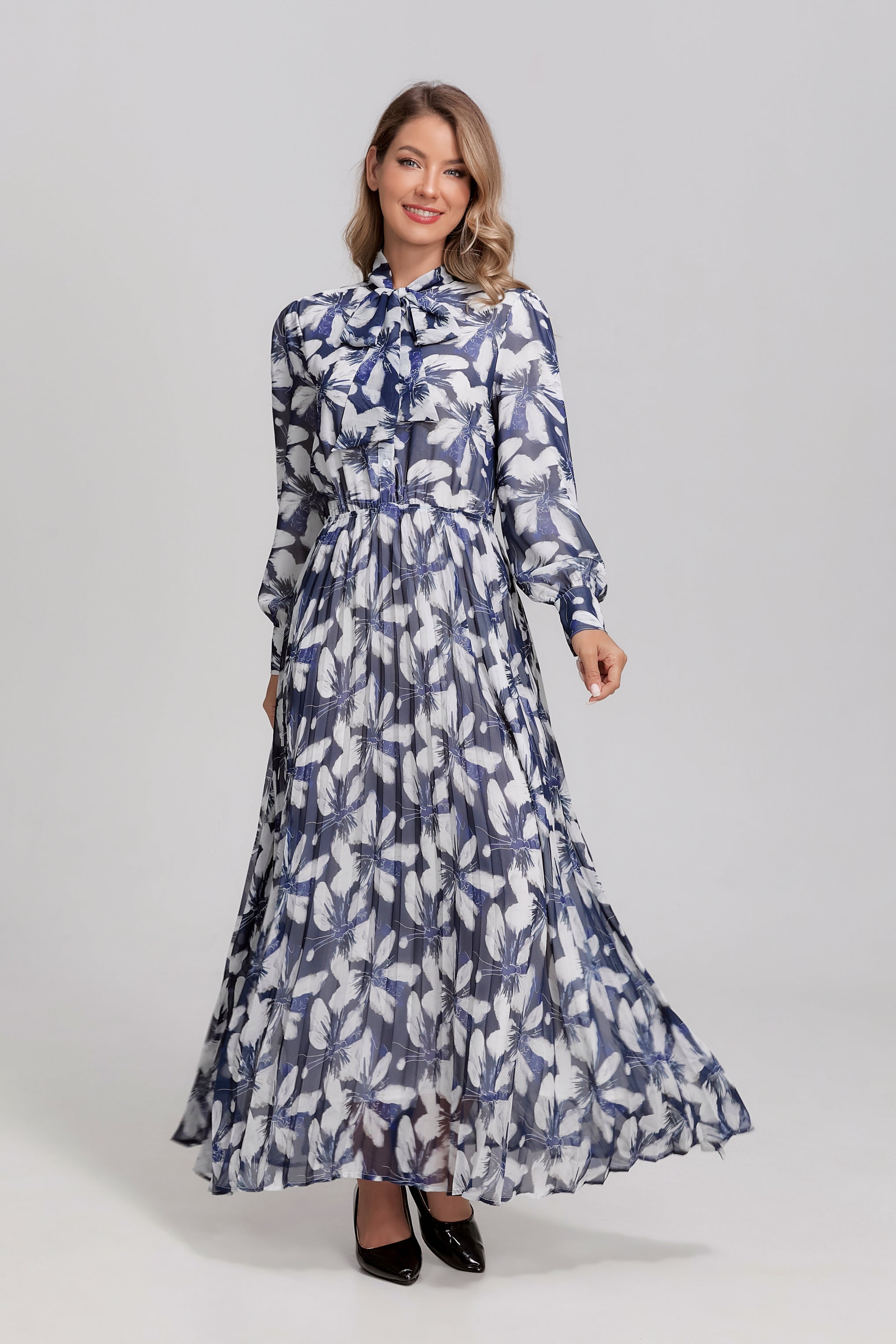 Midnight Feather Tie-Neck Midi Dress - MissFinchNYC