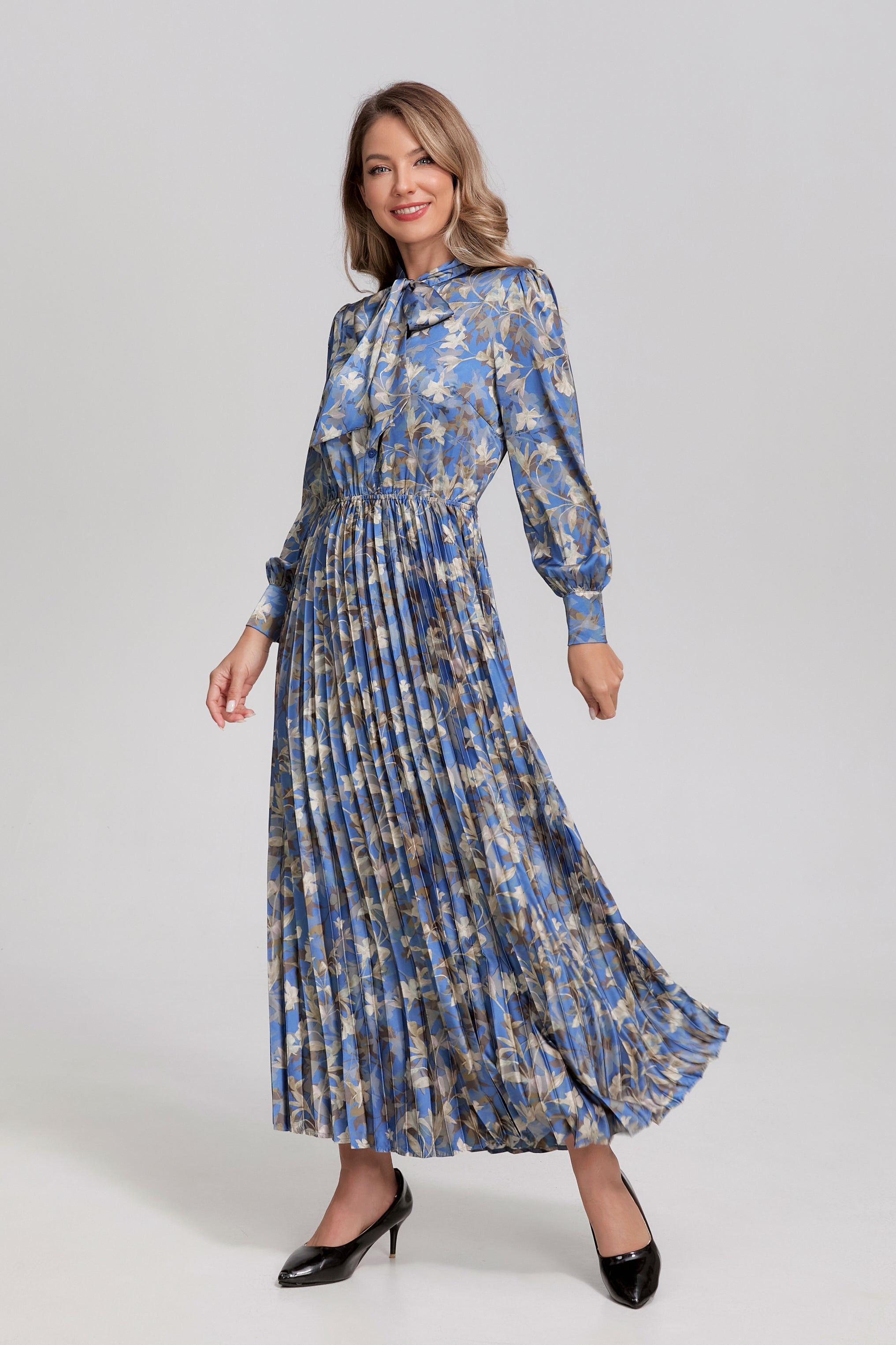 Sapphire Vine Pleated Midi Dress