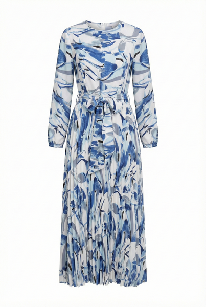 blue and white long sleeve dress Porcelain Wave Pleated Midi Dress L