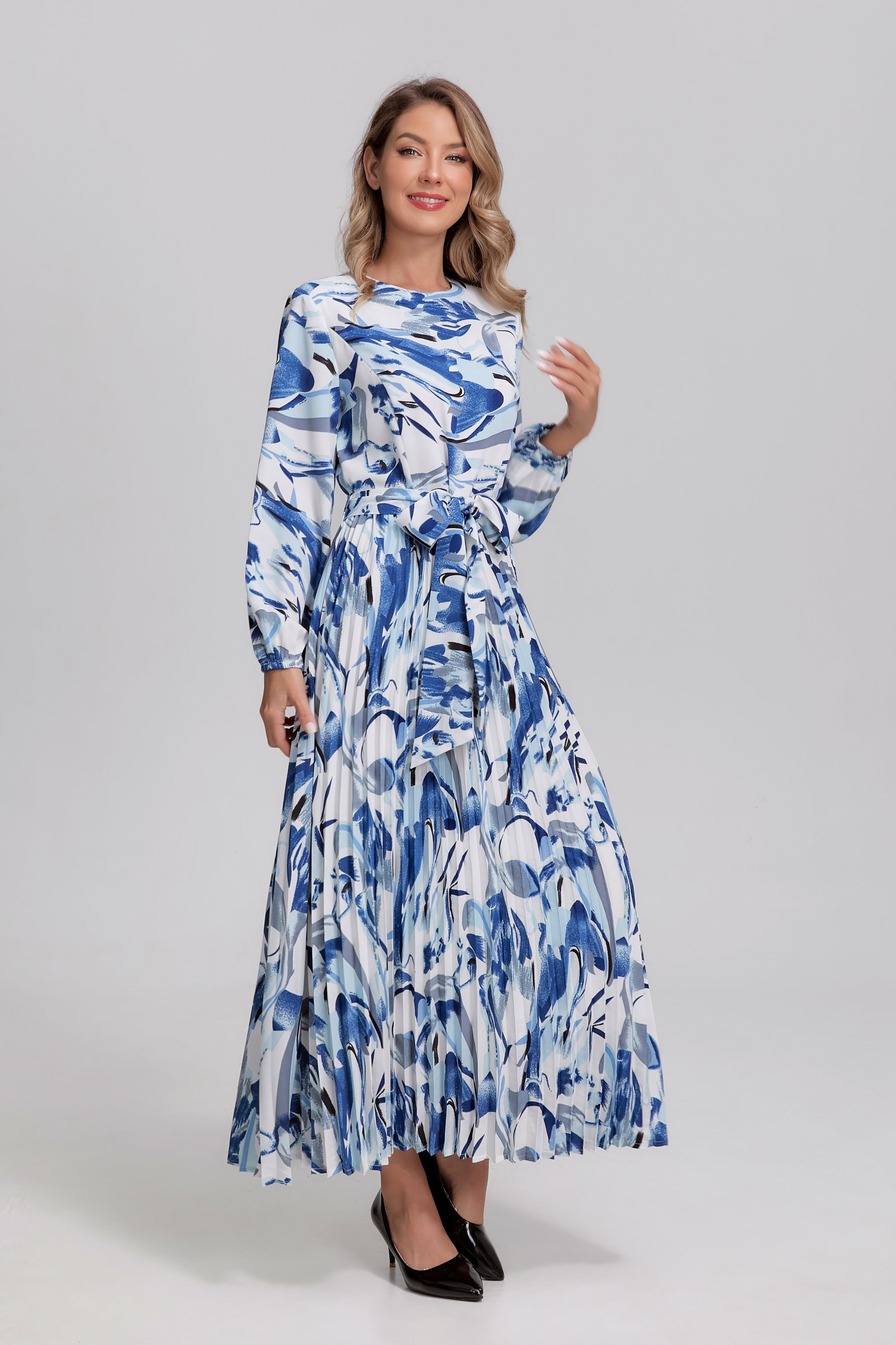Porcelain Wave Pleated Midi Dress