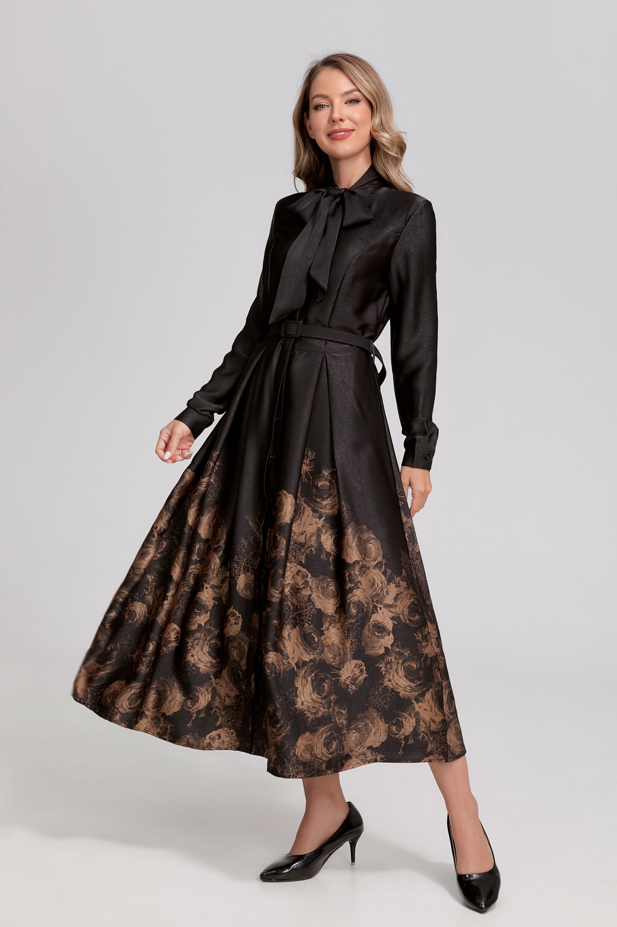 Noir Rosewood Tie-Neck Midi Dress - MissFinchNYC