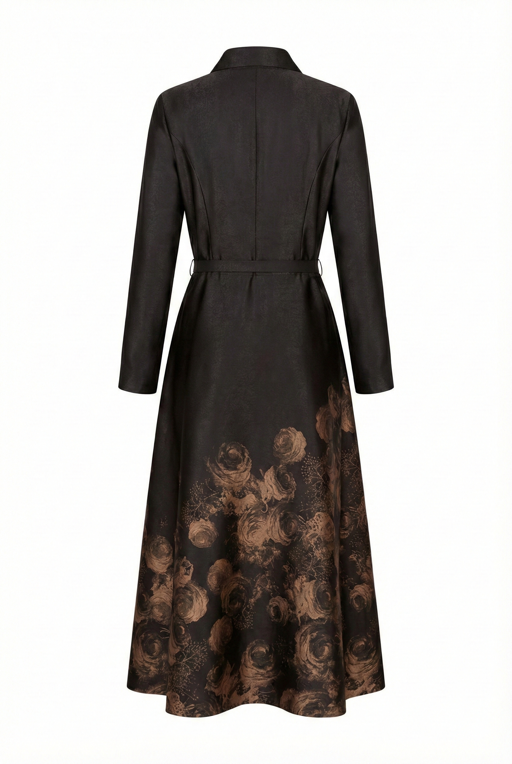 Rear view of MissFinchNYC Noir Rosewood Tie-Neck Midi Dress, elegant dress with a tie-neck design and midi length in rosewood color.