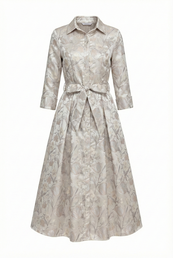 Silverleaf Bloom Midi Dress by MissFinchNYC, featuring a floral print and elegant silhouette, front view of the stylish dress.