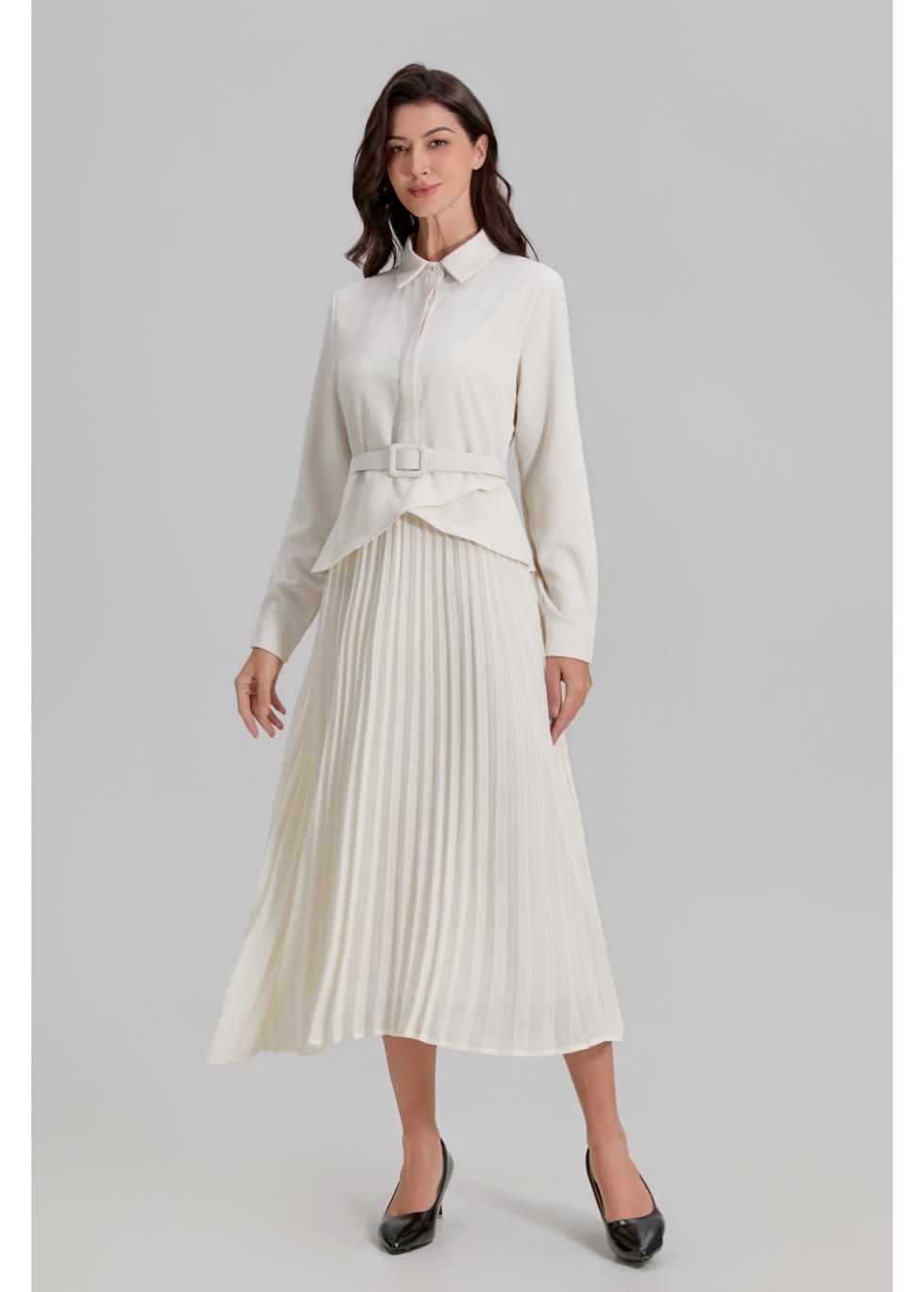 Ivory Paris Pleated Midi Dress - MissFinchNYC