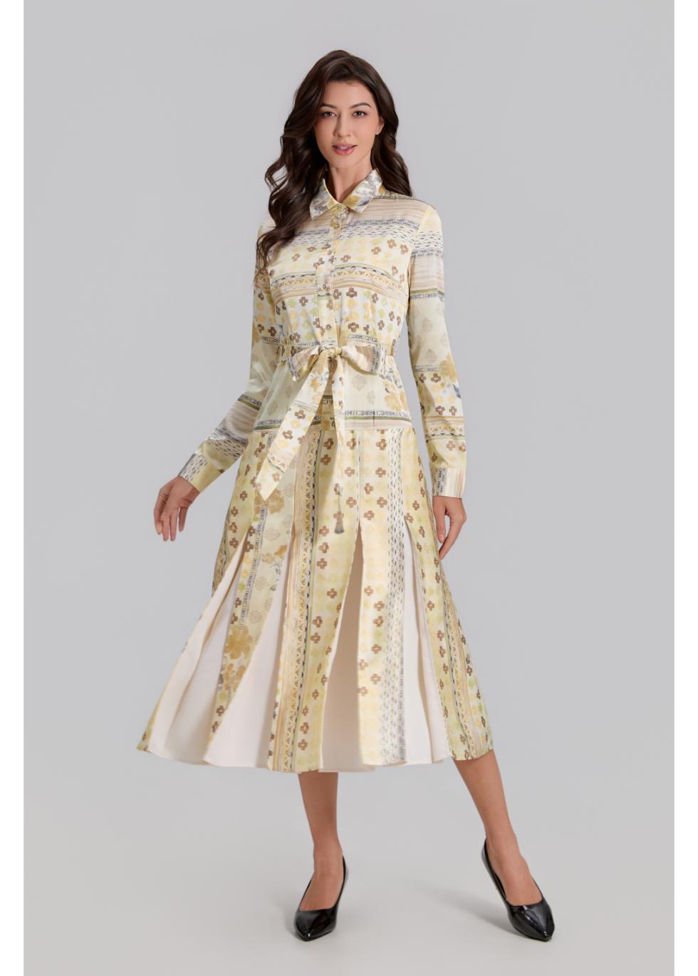 Golden Meadow Pleated Midi Dress - MissFinchNYC