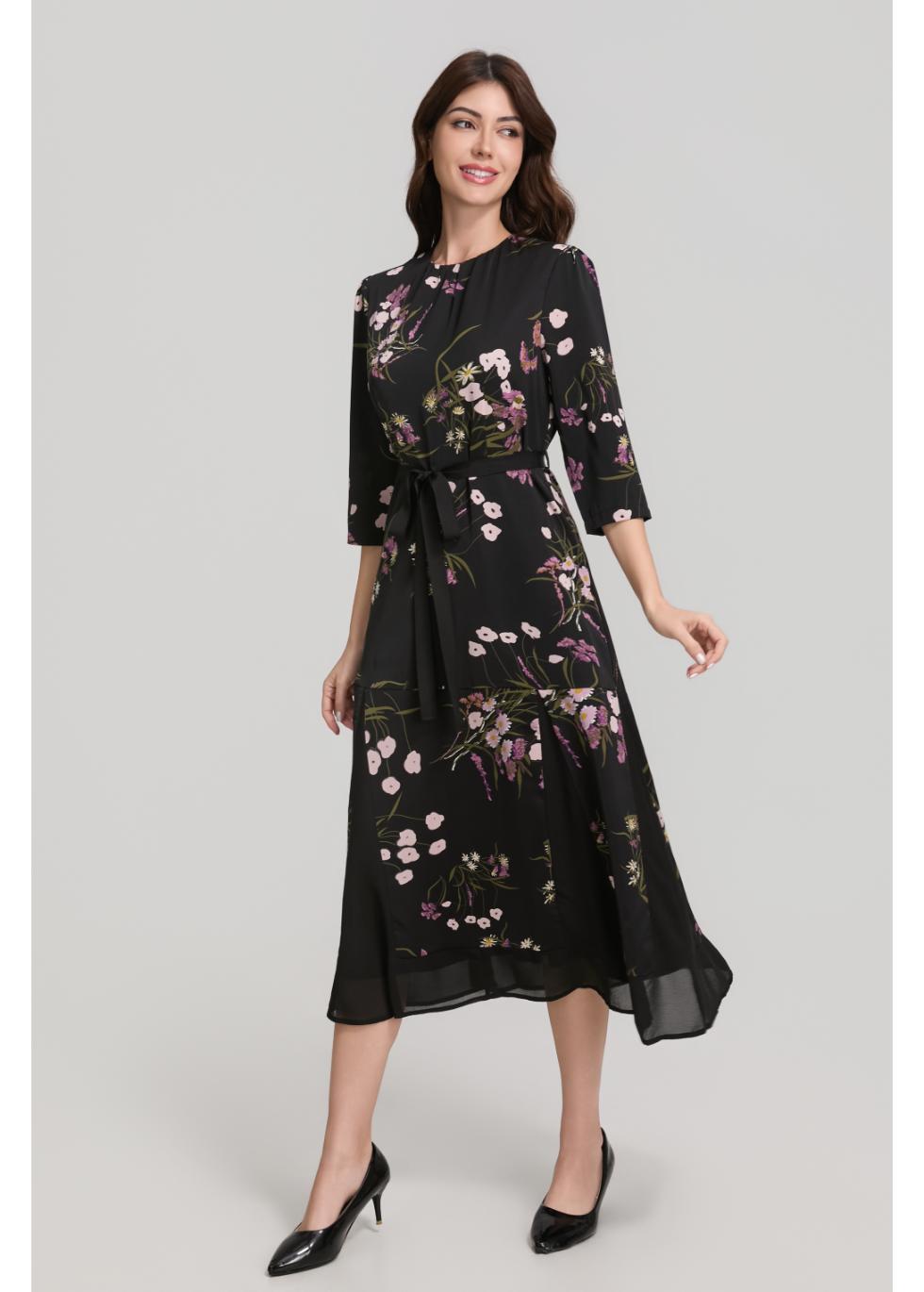 Floral Print 3/4 Sleeve Midi Dress with Sash Belt