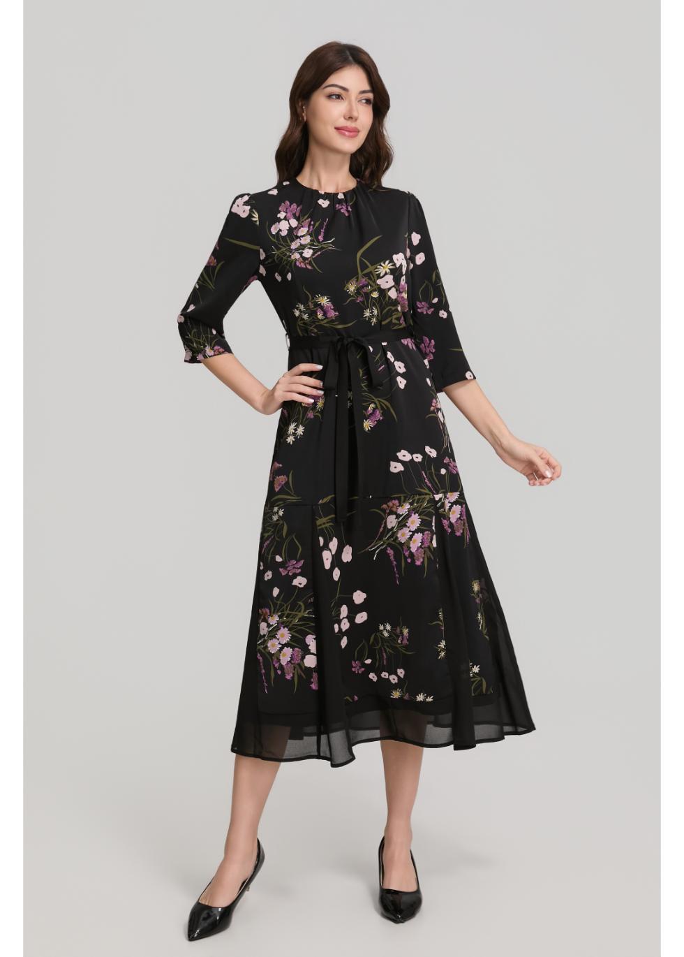 Floral Print 3/4 Sleeve Midi Dress with Sash Belt