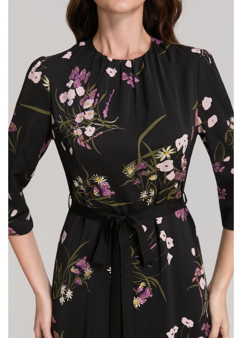 Floral Print 3/4 Sleeve Midi Dress with Sash Belt