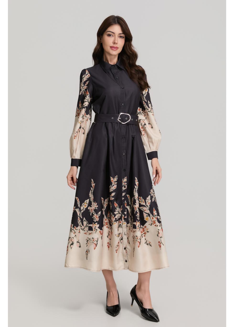 Border Print Long Sleeve Shirt Dress with Belt