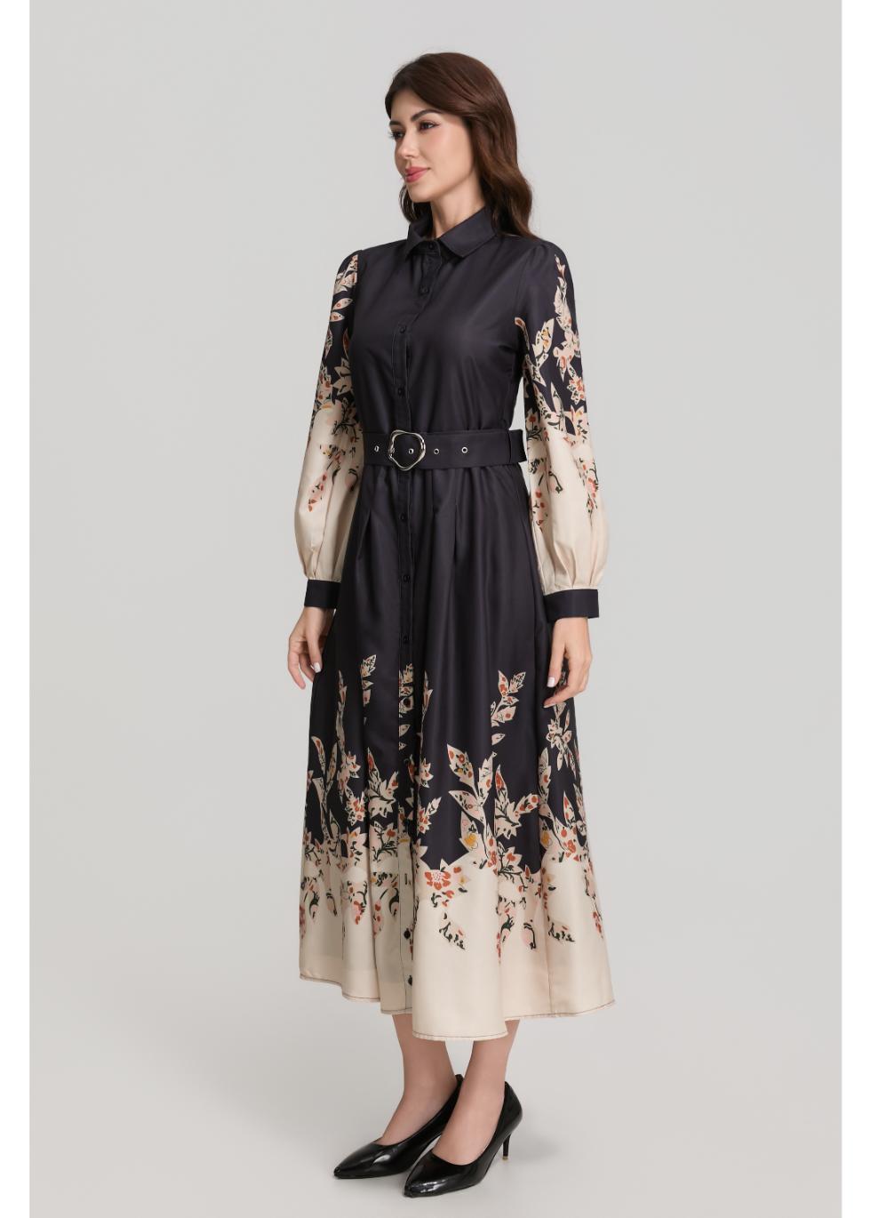Border Print Long Sleeve Shirt Dress with Belt