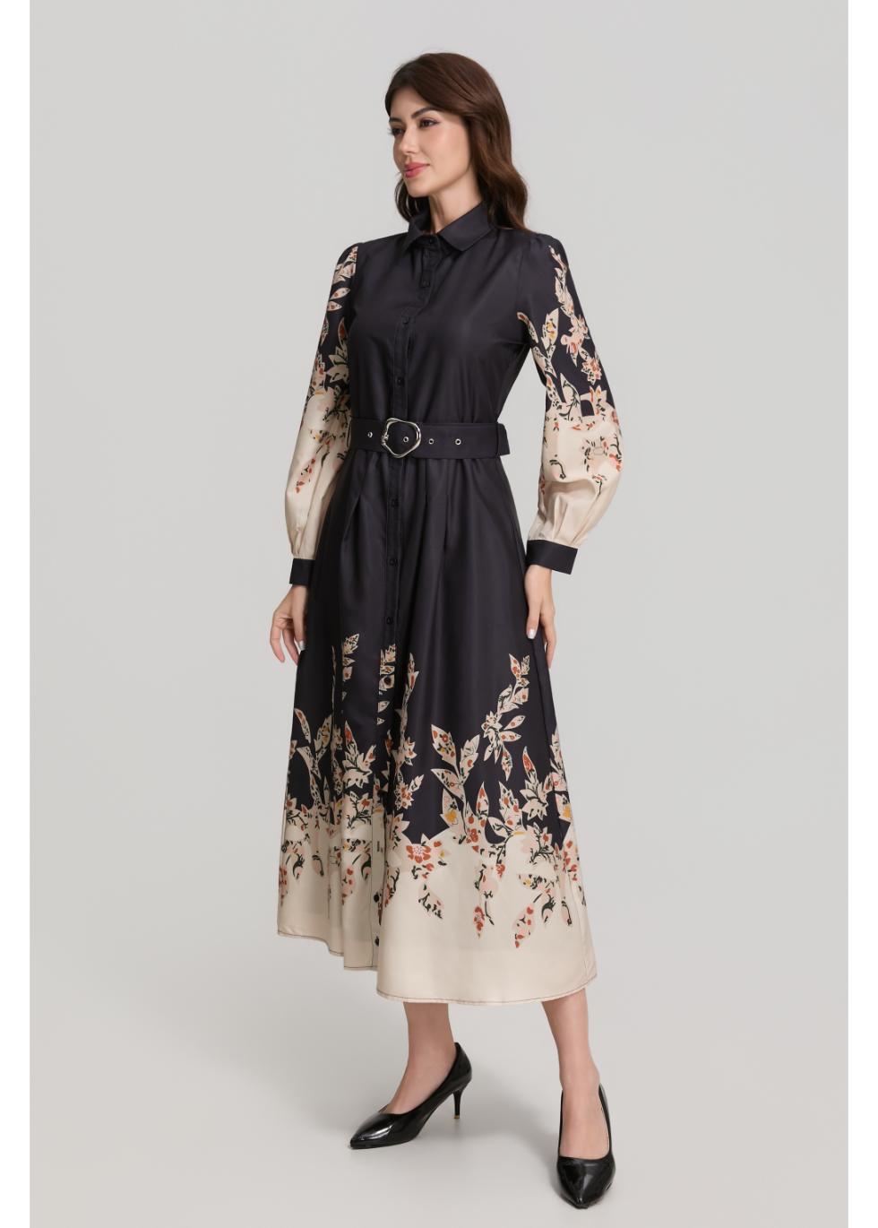 Border Print Long Sleeve Shirt Dress with Belt