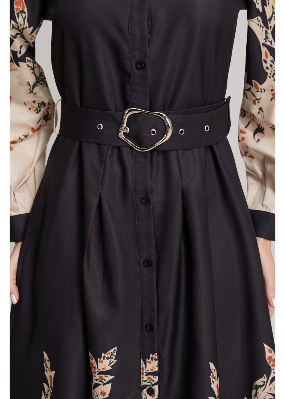 Border Print Long Sleeve Shirt Dress with Belt