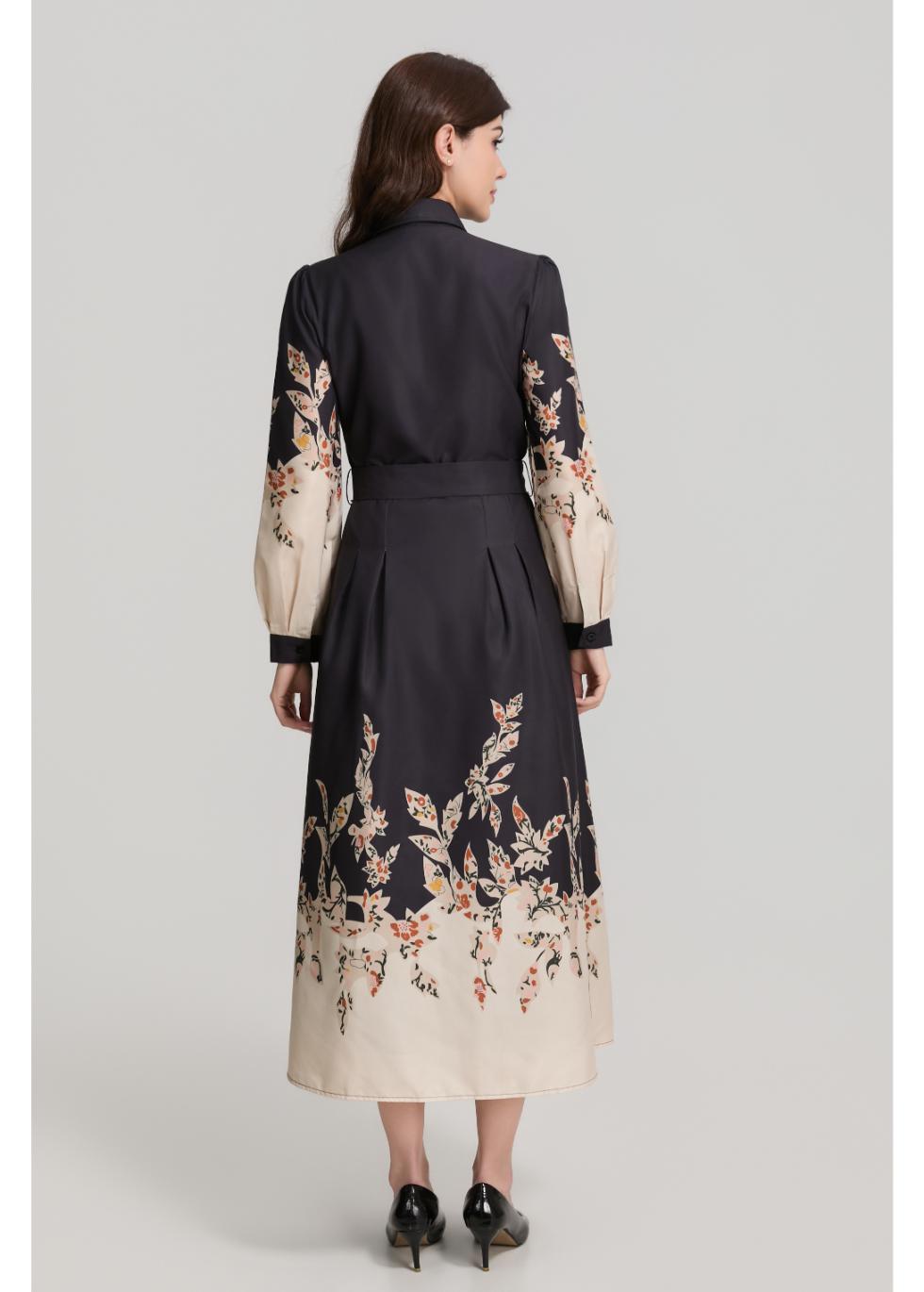 Border Print Long Sleeve Shirt Dress with Belt