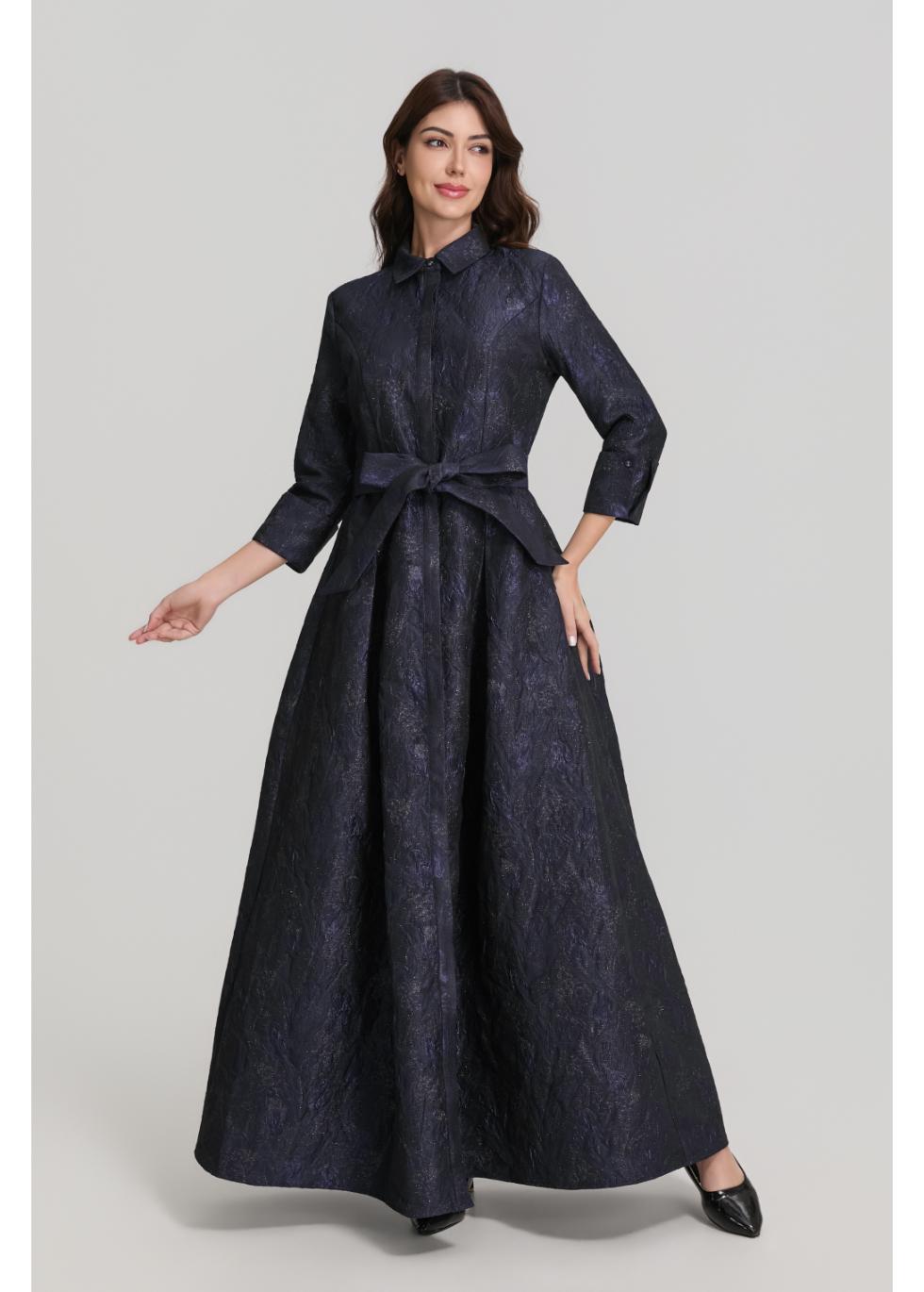 Metallic Navy Jacquard Long Sleeve Maxi Shirt Dress with Sash