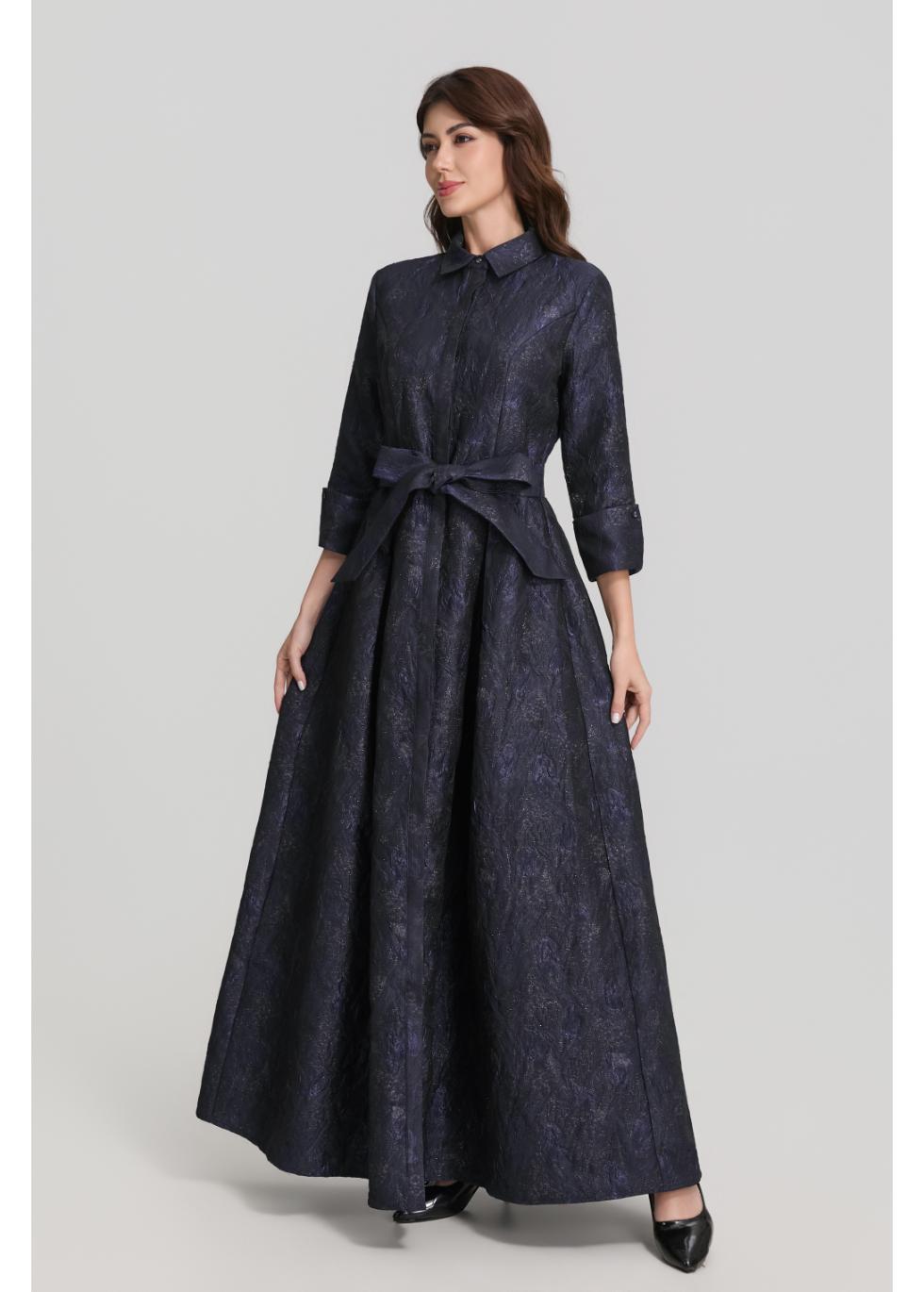 Metallic Navy Jacquard Long Sleeve Maxi Shirt Dress with Sash