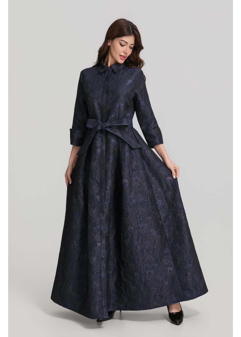 Metallic Navy Jacquard Long Sleeve Maxi Shirt Dress with Sash