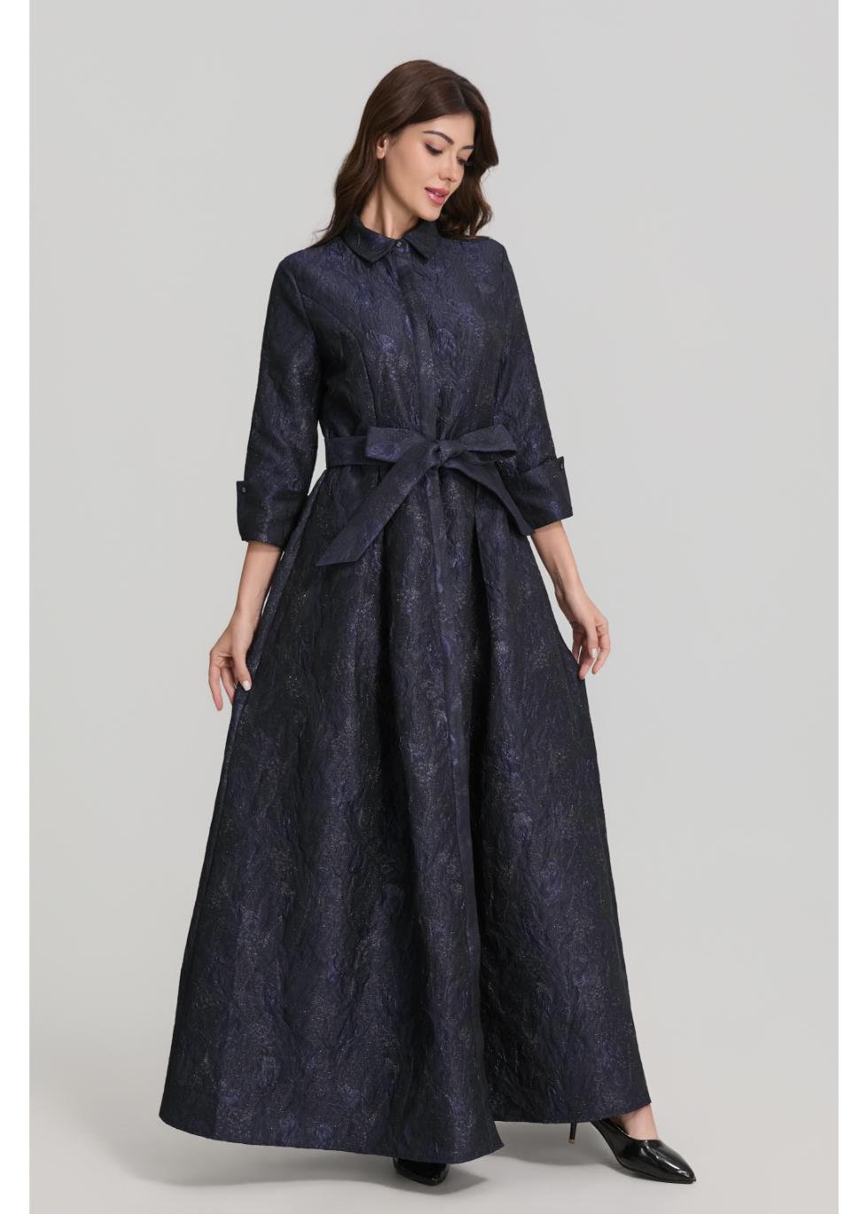 Metallic Navy Jacquard Long Sleeve Maxi Shirt Dress with Sash