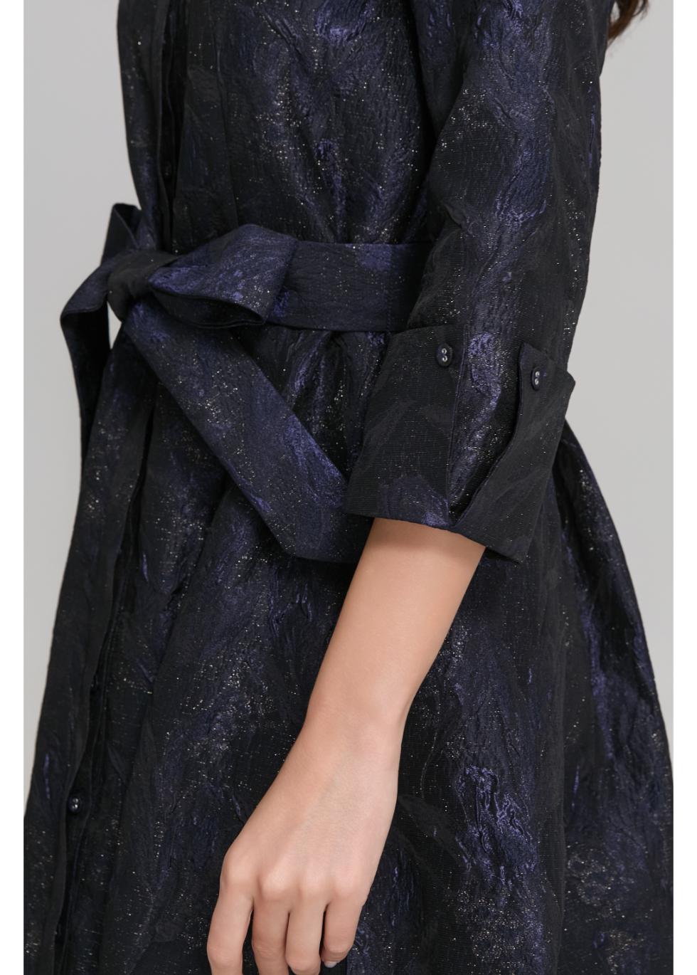 Metallic Navy Jacquard Long Sleeve Maxi Shirt Dress with Sash