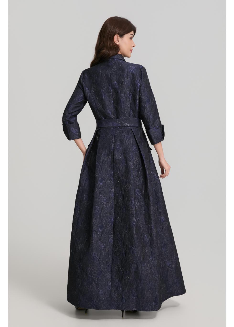 Metallic Navy Jacquard Long Sleeve Maxi Shirt Dress with Sash