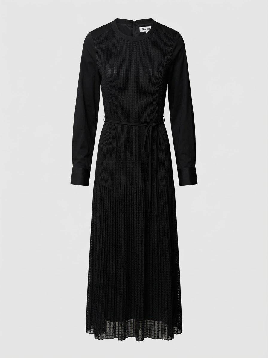 Black Micro-Pleated Long Sleeve Midi Dress | Fully Lined Modest Belted Dress