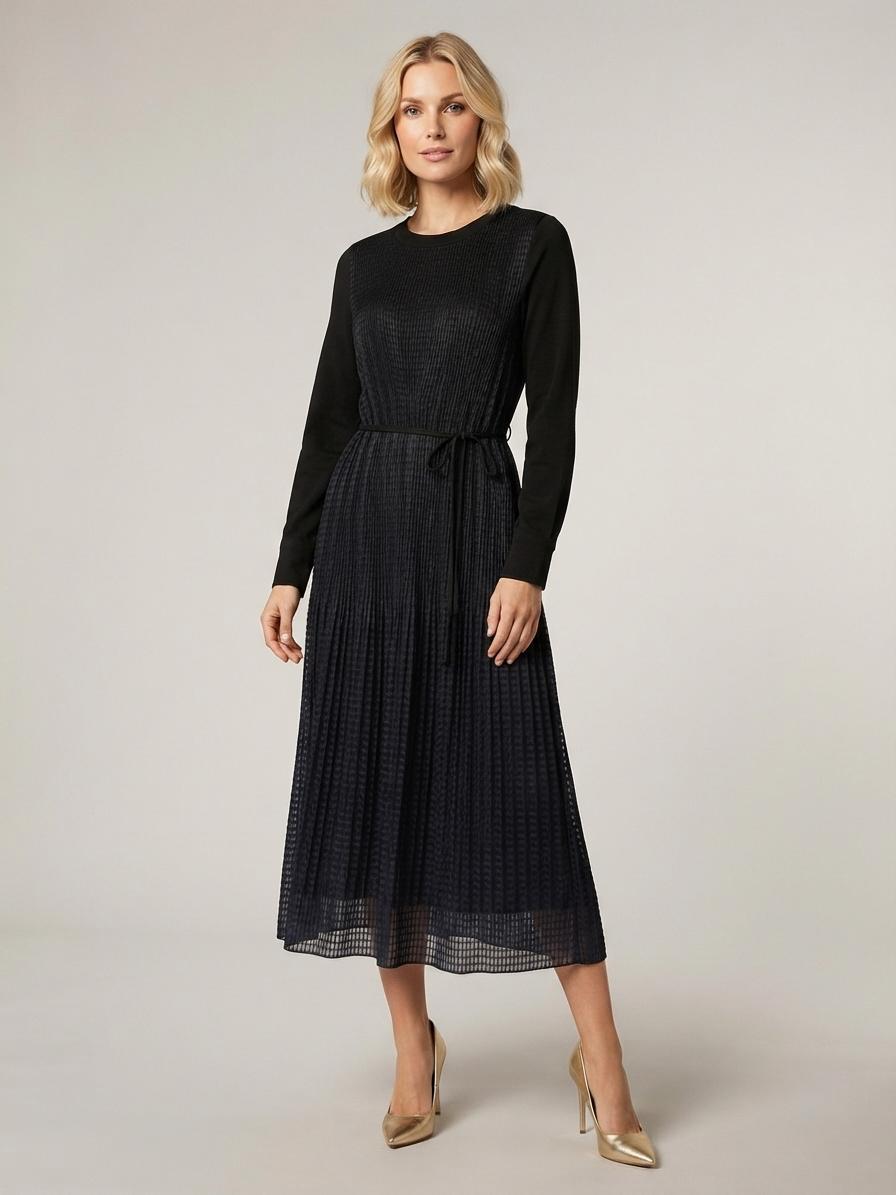 Black Micro-Pleated Long Sleeve Midi Dress | Fully Lined Modest Belted Dress