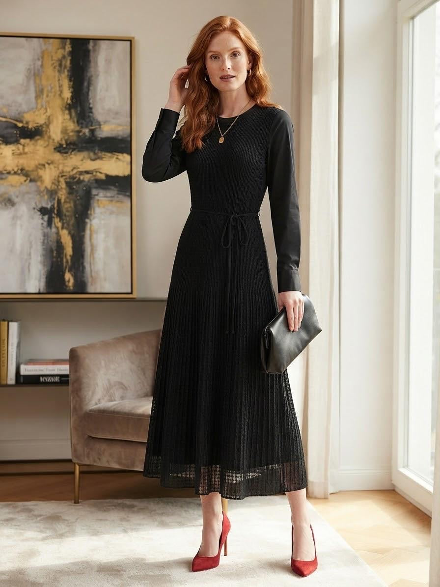 Black Micro-Pleated Long Sleeve Midi Dress | Fully Lined Modest Belted Dress