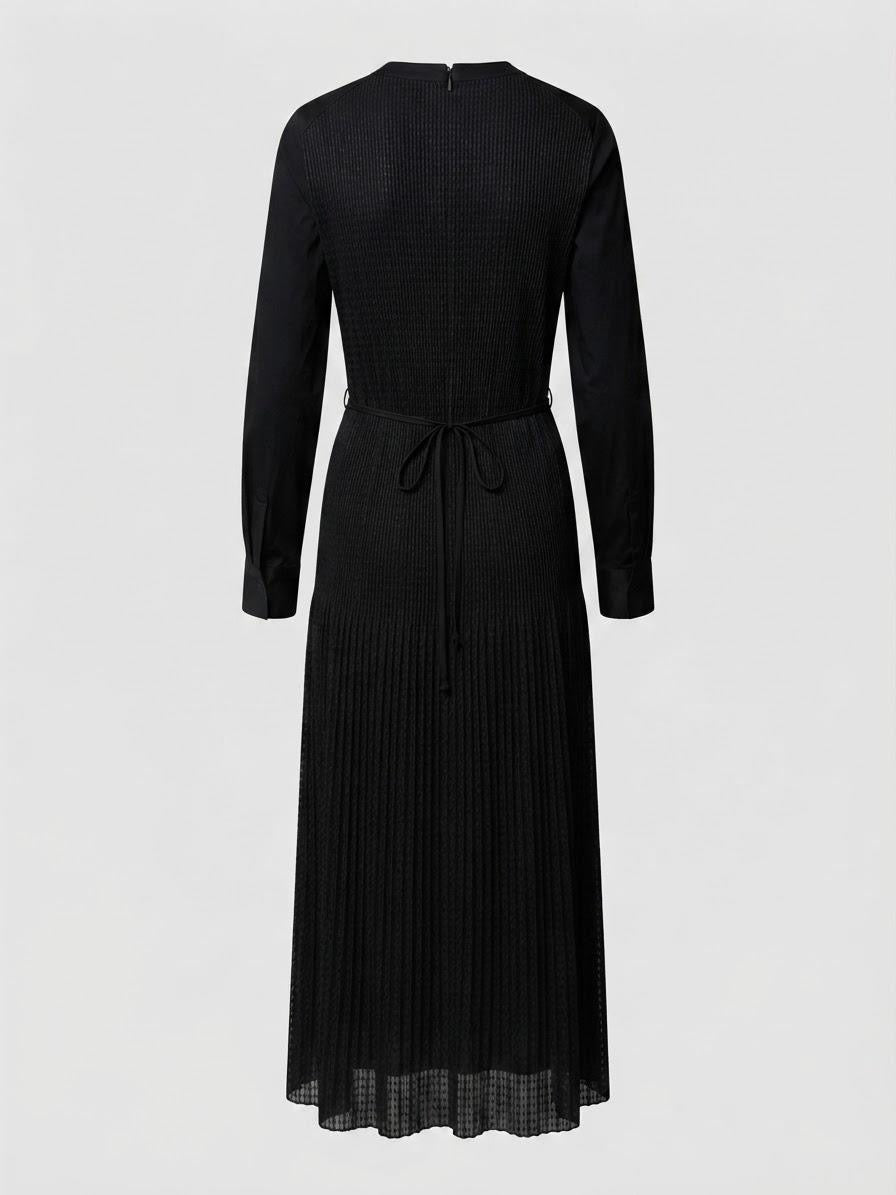 Black Micro-Pleated Long Sleeve Midi Dress | Fully Lined Modest Belted Dress