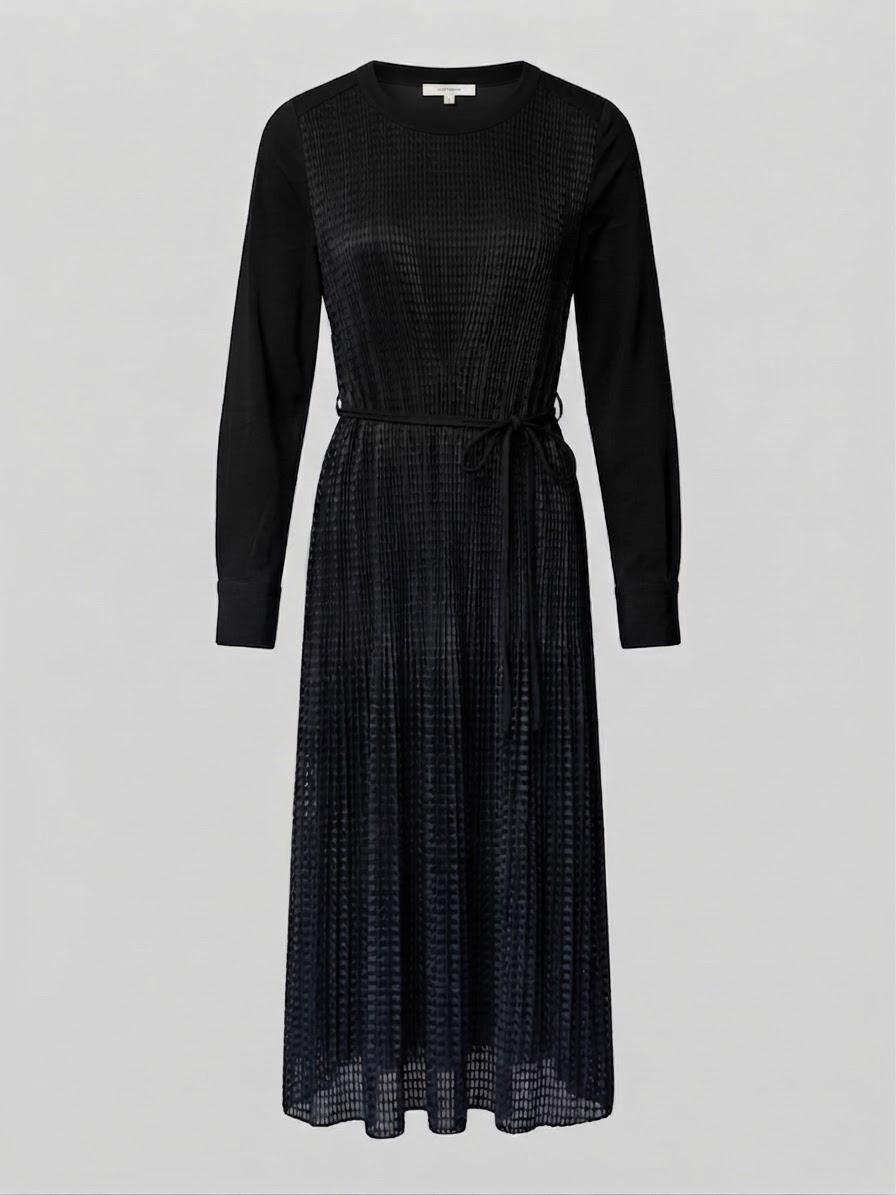 Black Micro-Pleated Long Sleeve Midi Dress | Fully Lined Modest Belted Dress